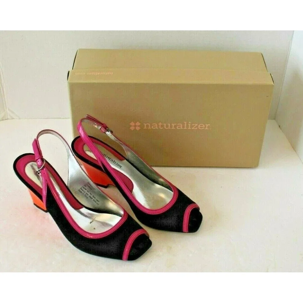 Naturalizer Speak Easy Slingbacks Sandals Black Pink Orange Shoes w/Box Sz 6 M